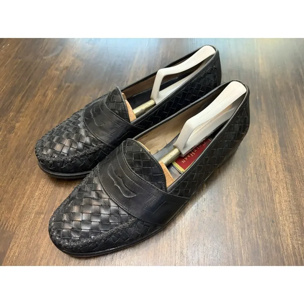 Mens 10.5 M Cole Haan Black Leather Woven Penny Loafers Dress Shoes